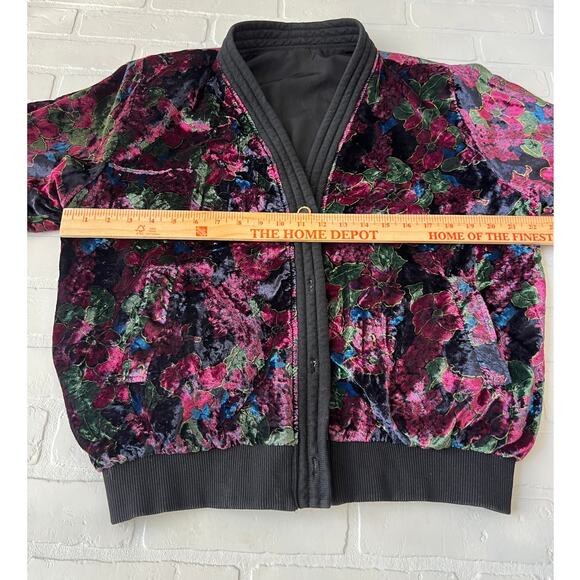 Sun Hung Velvet Floral Black Purple Reversible Bomber Style Button Jacket-sz  XL - Picture 7 of 8